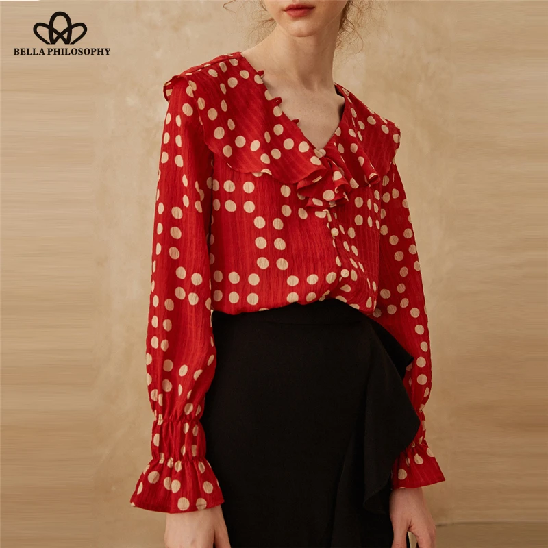 Polka Dot Print Short Tops Women Blouses 2019 Fashion V Neck Ruffle Buttons Ladies Shirts Casual Blusas Mujer Wonder Store