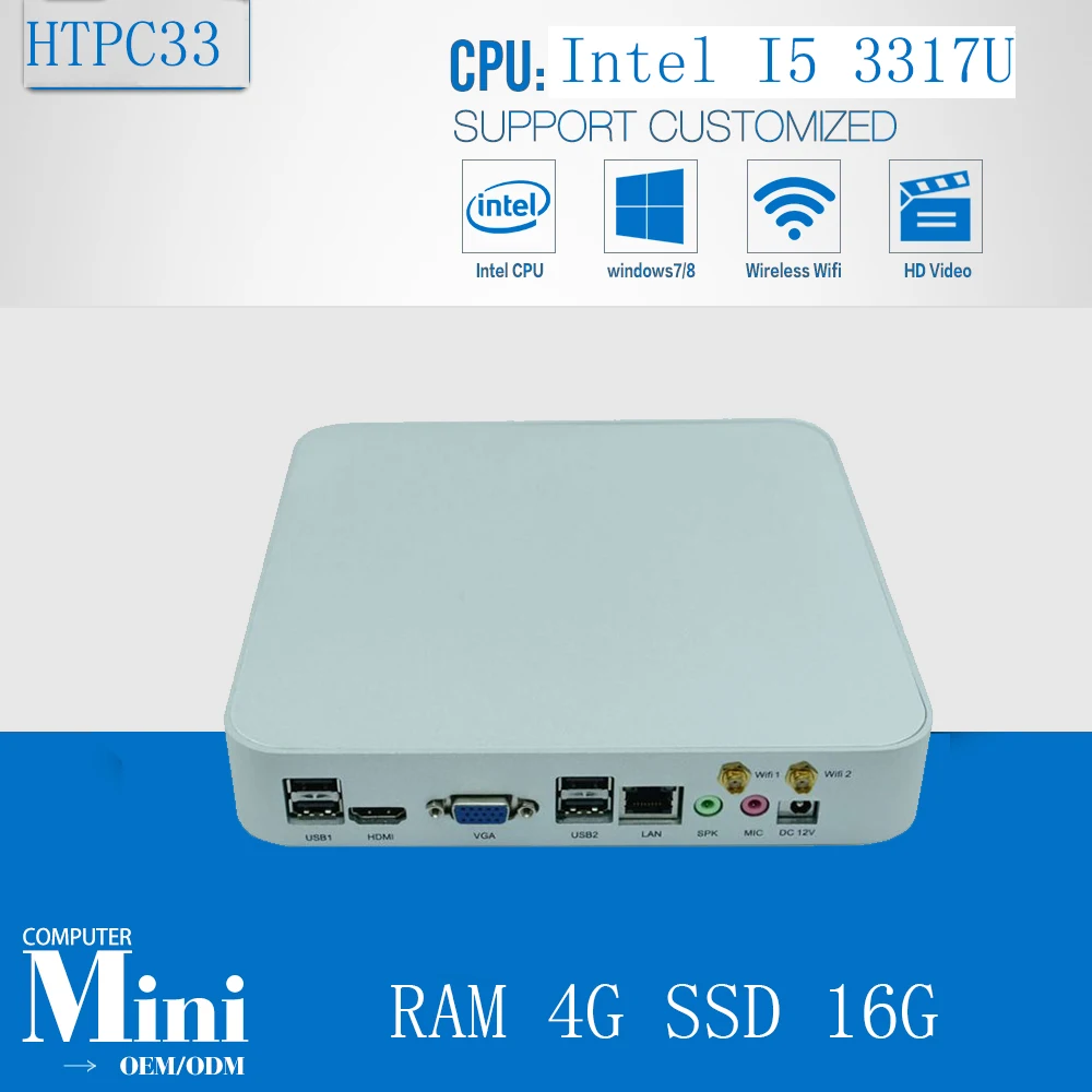 HTPC Intel Dual Core i5 3317u 1.7 ГГц 4 К безвентиляторный промышленный мини-Box PC с 4 com-порта Оперативная память 4 г SSD 16 г