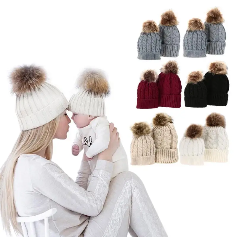 

Winter Warm Mom Baby Hats Mother Daughter Knitted Caps Boys Girl Fur Ball Pompom Parent-Child Wool Hat Cotton Knitted Beanie Cap