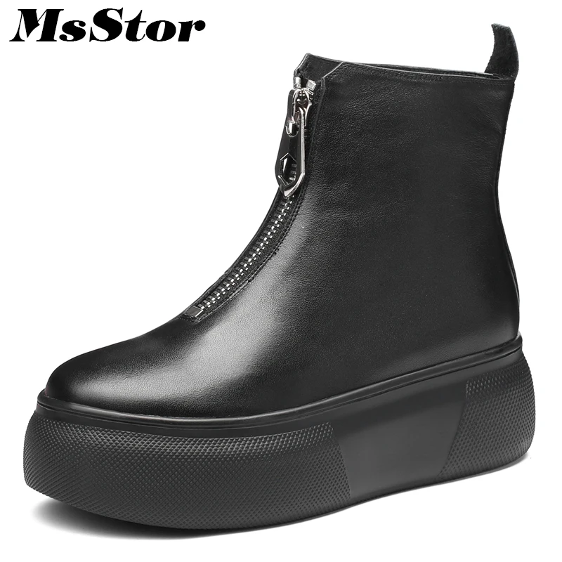 

Msstor Women Boots Thick Bottom Metal Zipper Ankle Boots Women Shoes Elegant Platform Flat Genuine Leather Boot Shoes For Girl
