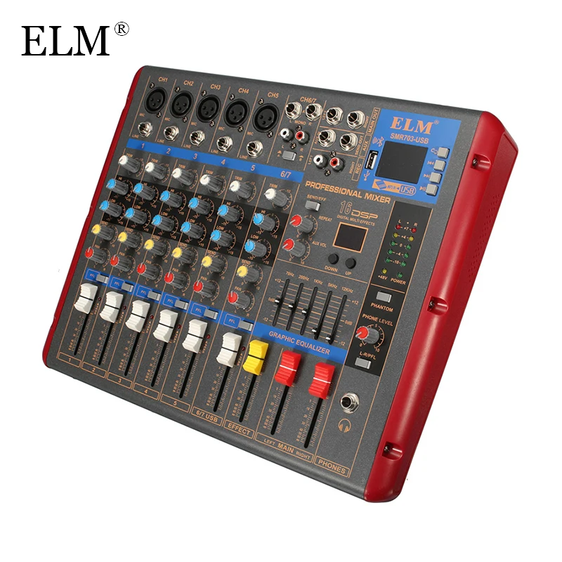 ELM Профессиональный 6 канальный звук микрофона микшерный пульт bluetooth караоке звука усилитель мощности с USB 48V Phantom Мощность