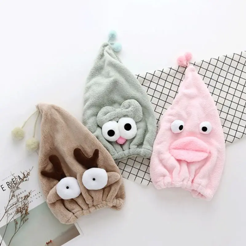 

Women Adult Hair Drying Towel Cap Coral Fleece Cute Cartoon Animal Emoji Thickening Quick Dry Absorbent Shower Hat Head Wrap Wit