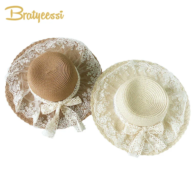 

Lace Princess Panama Children Hats Bow Beach Baby Cap for Girls Straw Baby Girl Hat Summer Kids Caps Hats 1PC