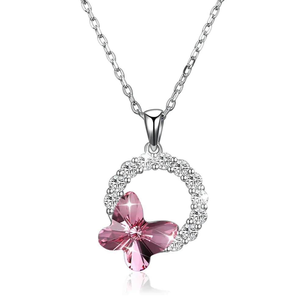 

Austria Element Crystal Creative Sterling Silver 925 Pendant Simple Butterfly Clavicle Round Bead Chain Necklace for Women