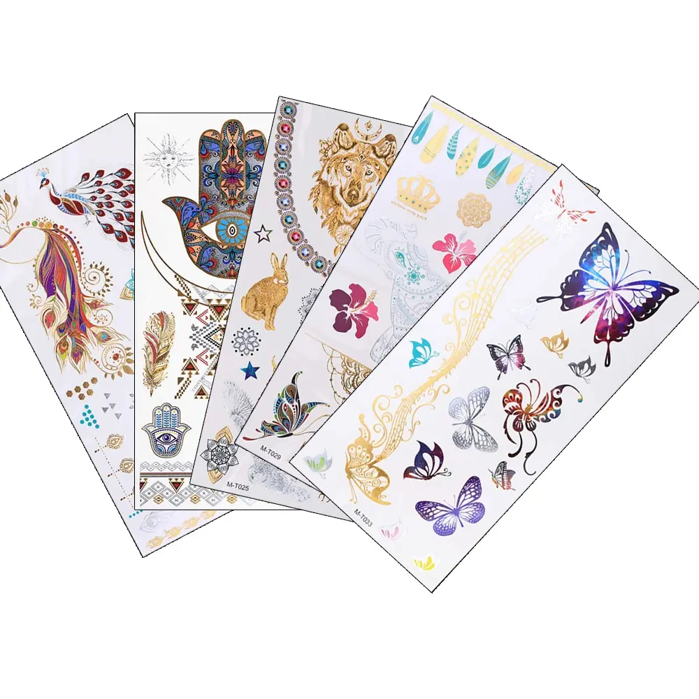 

12 Design 1pc Gold Temporary Flash Metal Tattoo Sticker Butterfly Feather Love Women Henna DIY Body Art Waterproof Tattoo G0510