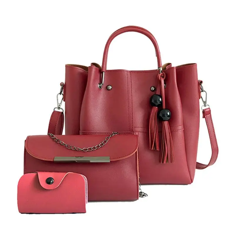 3 шт Для женщин женская кожаная сумка кисточкой сумки на ремне сумка кошелек сумка с ручками наверху ручки сумки набор - Цвет: Красный