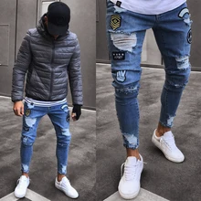 Street wear Frayed Printing Embroidery Biker Jeans Men's Stretchy Ripped Skinny Jeans Destroyed Taped Slim Fit Denim Pants Street wear Frayed Printing Embroidery Biker Jeans Men's Stretchy Ripped Skinny Jeans Destroyed Taped Slim Fit Denim Pants