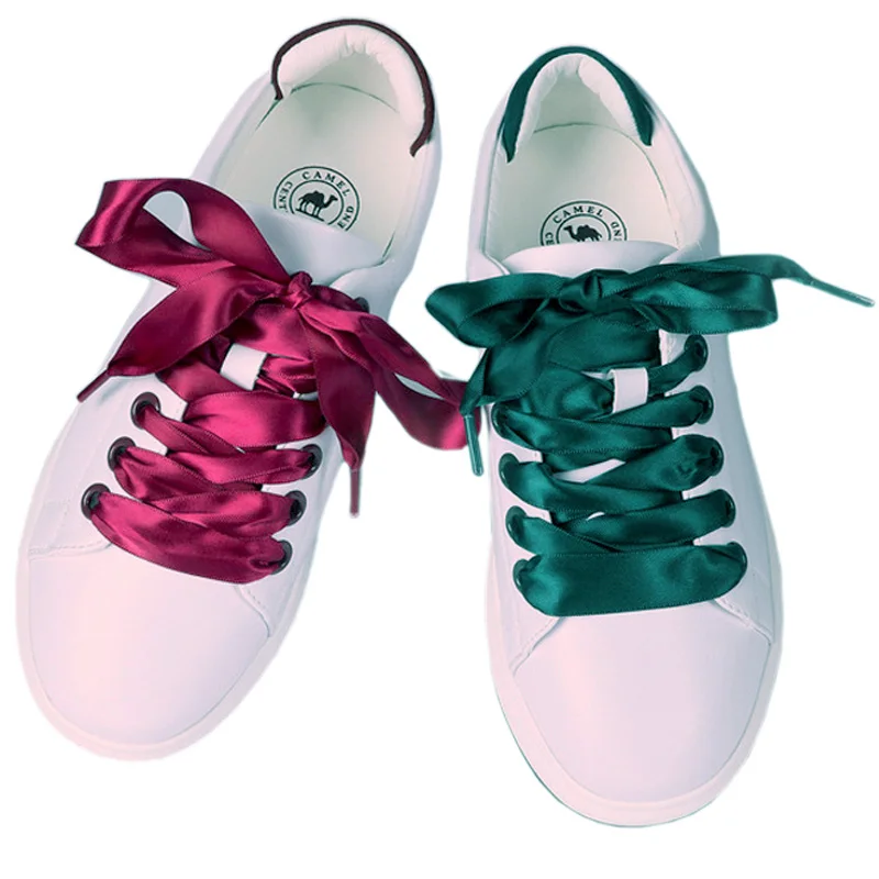 1 Pair 80/100/120/140cm Women Satin Lace Ribbon Caramel Color Double-Sided Material Smooth Bud Silk Wide Flat Shoelaces 30 Color