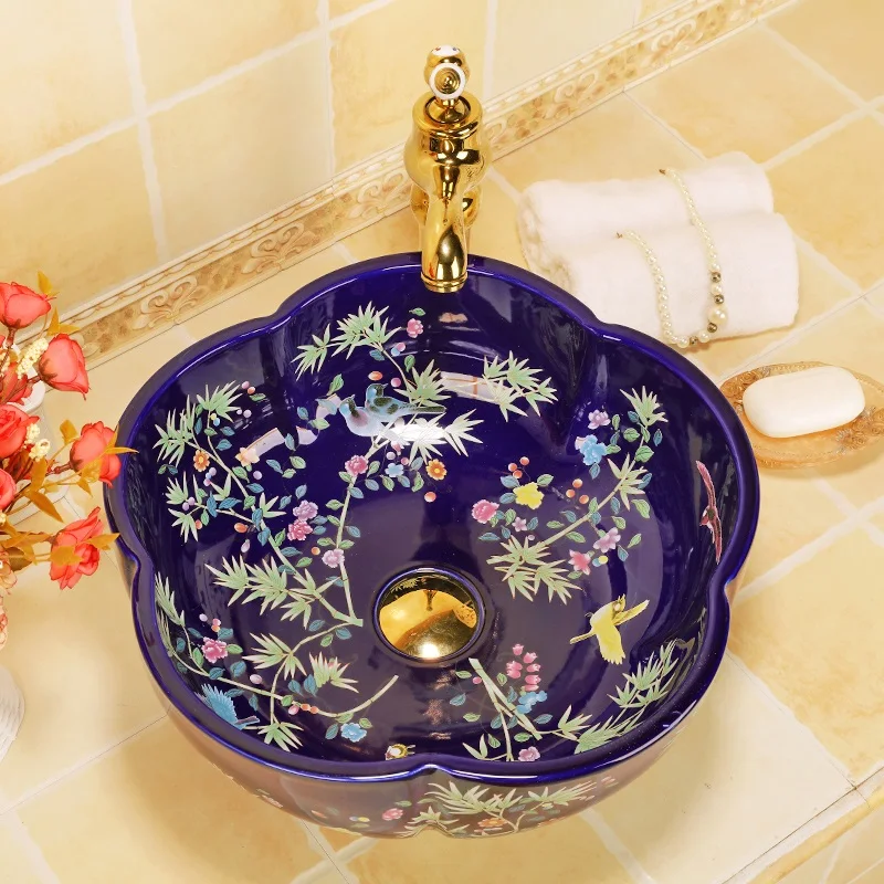 Europe Vintage Style Art Basin Sinks Ceramic Counter Top Wash Basin Bathroom Vessel Sinks vanities new ceramic wash basin flower and bird (4)