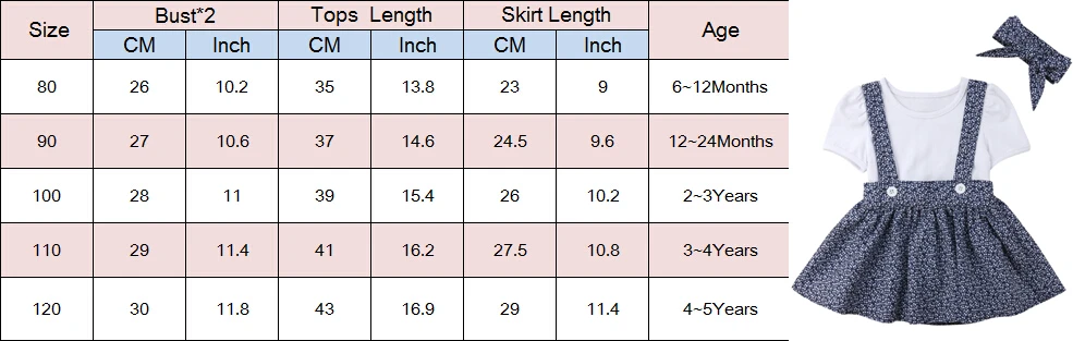 Летние милые топы с короткими рукавами для маленьких девочек+ повязка на голову+ юбка на лямках с цветочным принтом