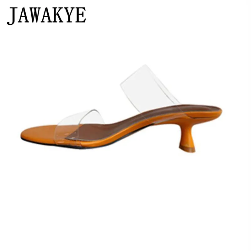 

Runway Clear PVC Band Slippers Women Open Toe Genuine Leather High Heel Shoes Summer Fashion Kitten Heel Flip Flops Woman New
