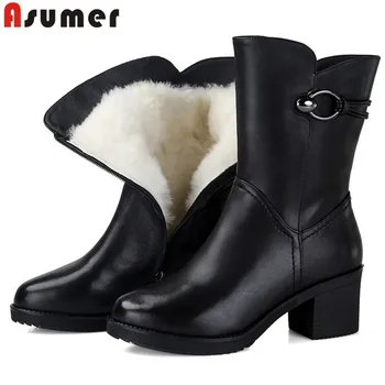 

ASUMER big size 35-43 fashion winter snow boots women round toe zip genuine leather boots high heels ladies wool ankle boots