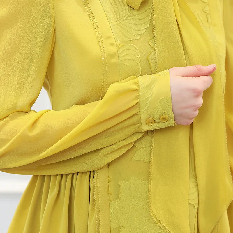 VOA вышивка шелковая блузка размера плюс женские топы желтый бант лента Туника Базовая рубашка с длинным рукавом пуловер Сладкий Harajuku B377