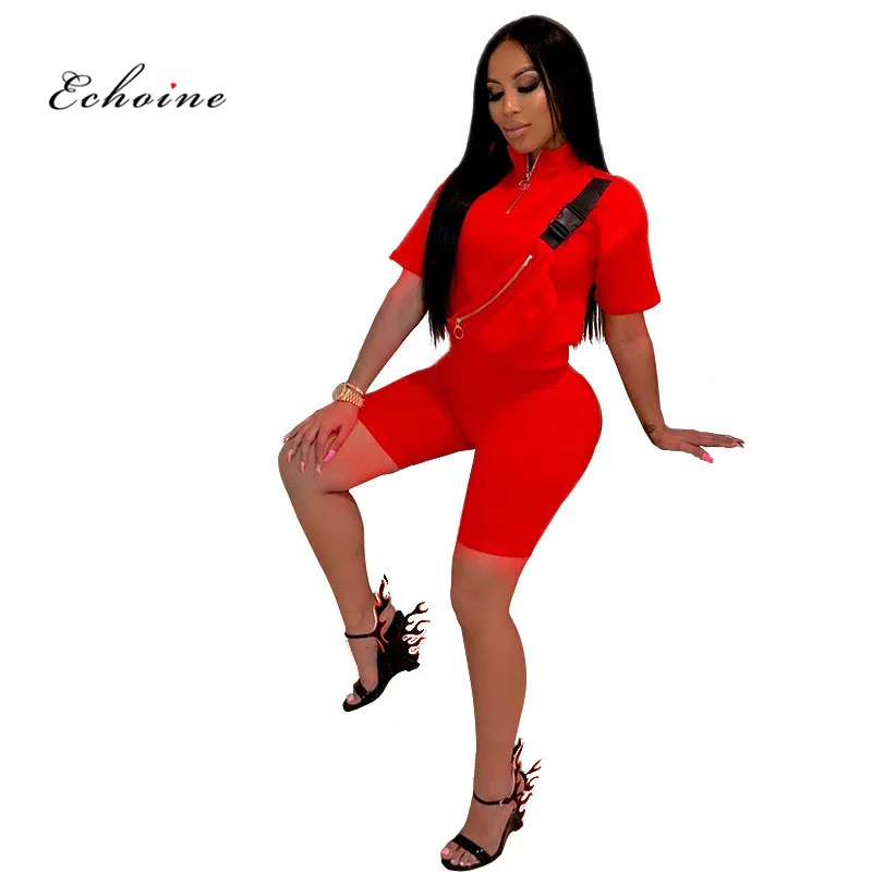 

Echoine Women 2 Pcs Set Fashion Zippers Buckle Tracksuit Casual Loose Tops Sexy Elastic Slim Shorts Sport Suits Female Sportwear