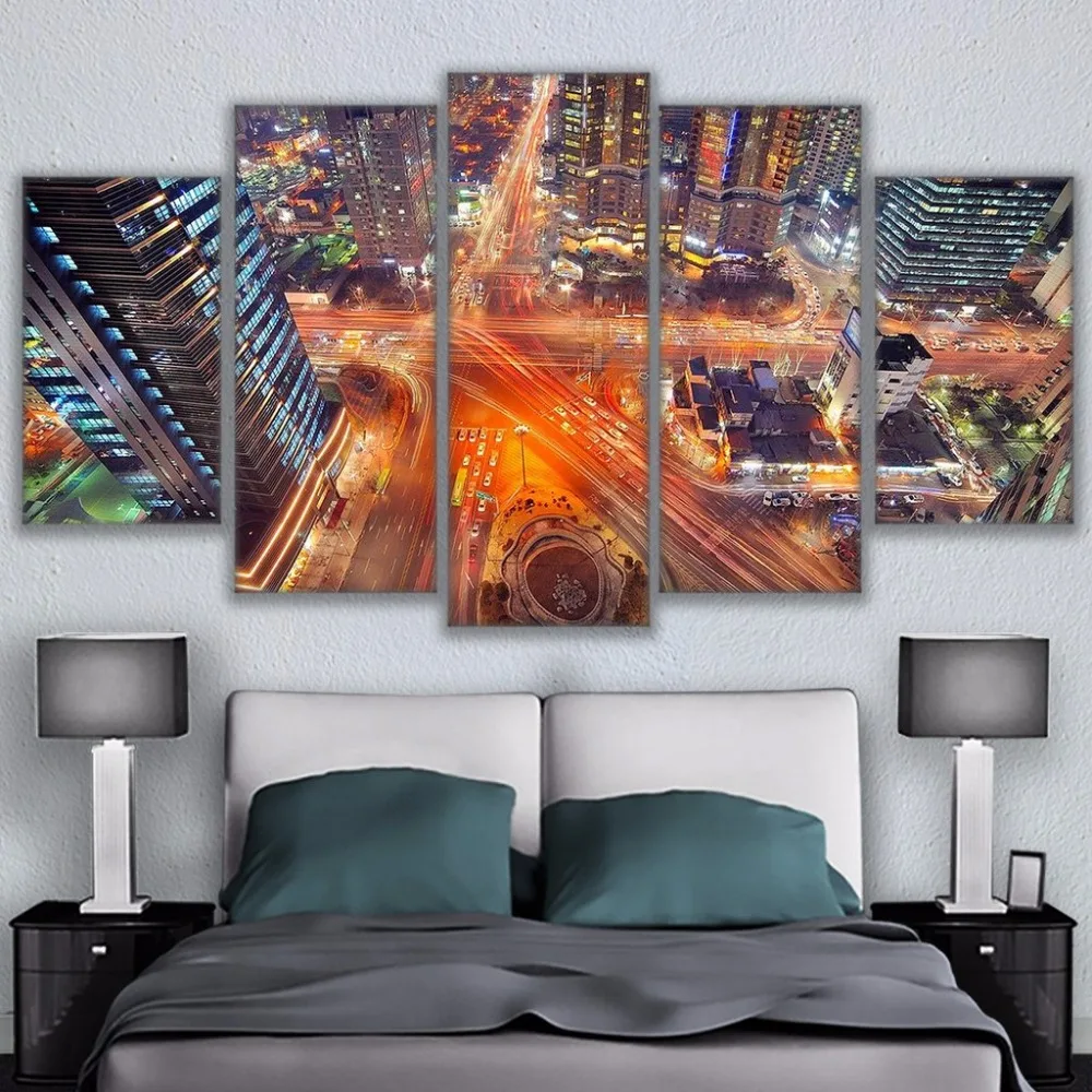 

Wall Art Home Decor Canvas HD Prints Pictures 5 Pieces Seoul Korea At Night Poster Paintings Scenic Overhead Cityscape Framework