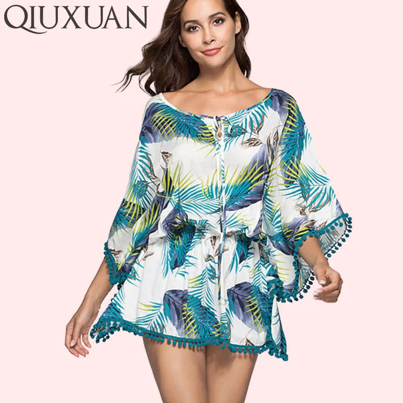 Us 1552 35 Offqiuxuan Tropical Print Three Quarter Sleeve Kimono Dress Summer Tie Front Boat Neck Pom Poms Trim Women Mini Beach Dress In Dresses