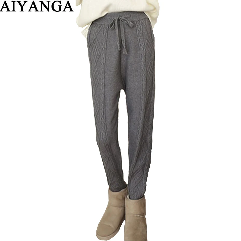 

2018 High Quality Rabbit Velvet Knitted Harem Pants For Women Elastic Waist Capris Black Gray White Color Choose AIYANGA Brand