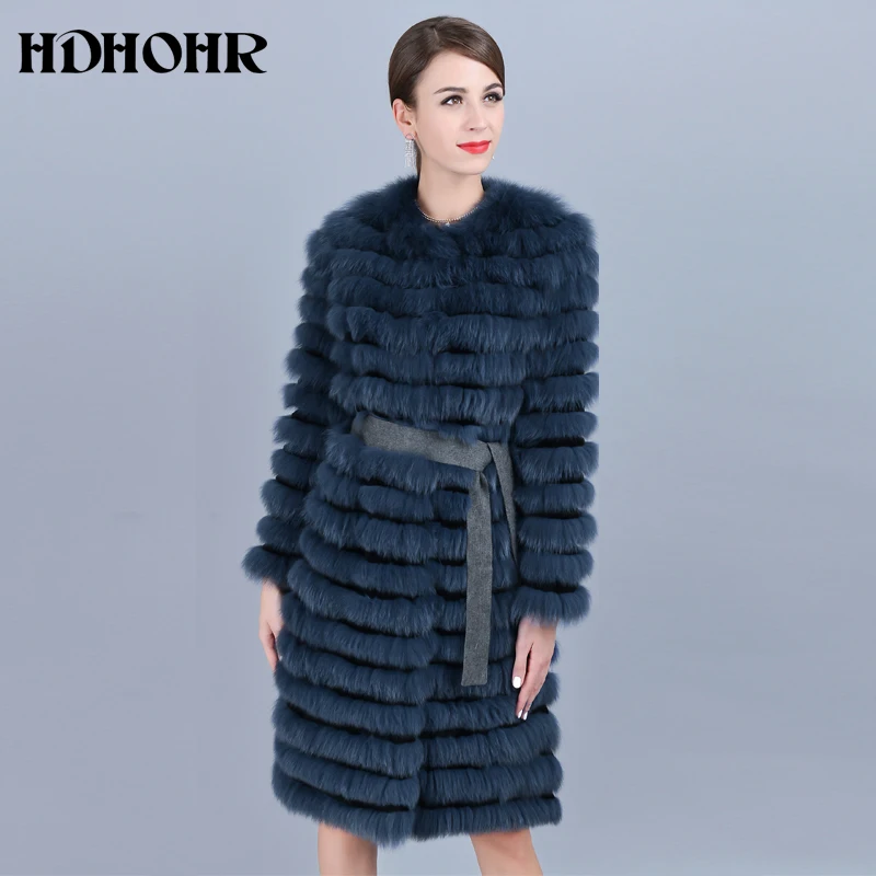 

HDHOHR 2019 New Real Fox Fur Coat Women Natural Fox Fur Coat With Belt Fashion High Quality Long Strip Jackets Lady Fox Fur Coat