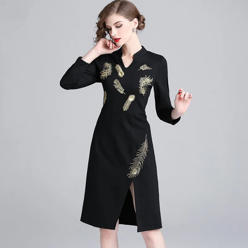 SunnyYeah Вышивка Черный Карандаш Bodycon платье Для женщин миди элегантное 2019 весна
