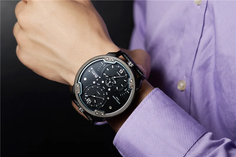 Oulm HP3548M Two Time Zone Big Men's Watches Luxury Brand Large Dial Casual Leather Strap Wristwatch Man Sport Watch