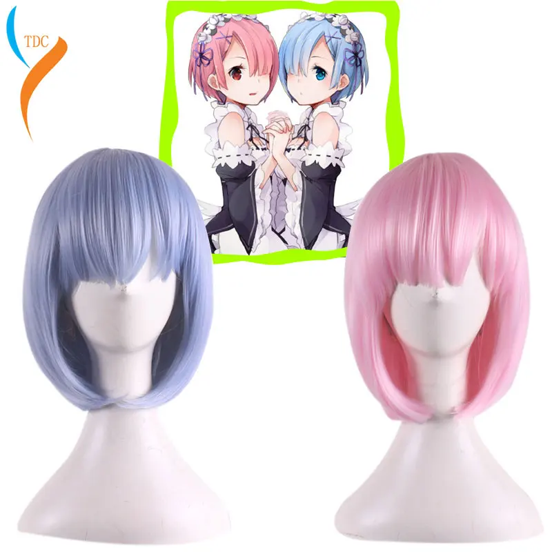 

Life In A Different World From Zero Graduated Ram Rem Cosplay Wig for Women Short Straight Pink Blue Anime Wig+Wig Cap