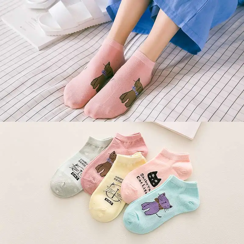 

2 Pairs/Lot New Autumn Winter Japanese Women Socks Cartoon Cat Boat Sock Ladies Cotton Short Tube Women Sock 5 Colors