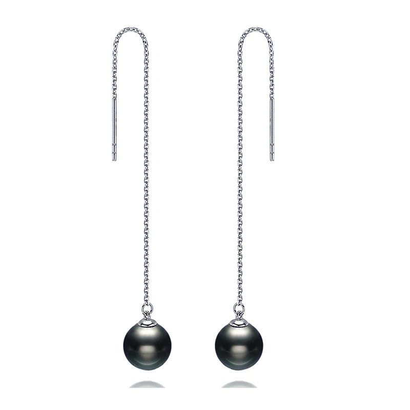 

Sinya 18k White gold chains threaded up 8-9mm tahitian black pearls long dangle earrings for elegant womes