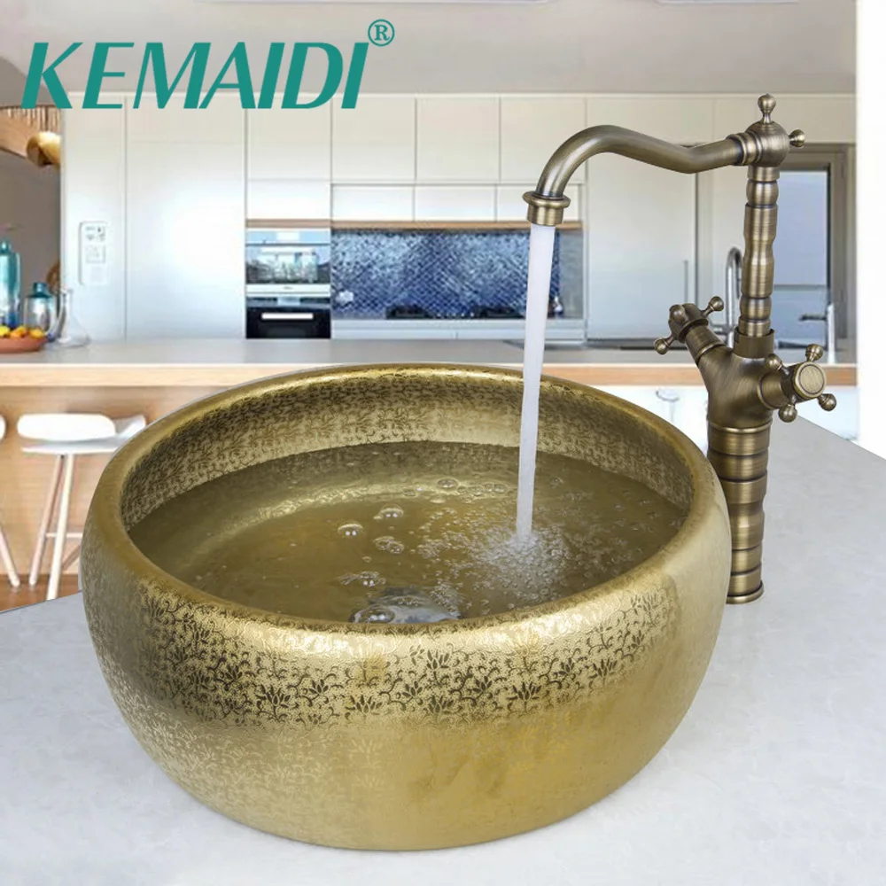 Us 199 39 40 Off Kemaidi Luxury Bathroom Round Paint Antique Golden Bowl Waterfall Basin Shampoo Sink Faucet Mixer Single Handle Deck Mounted In