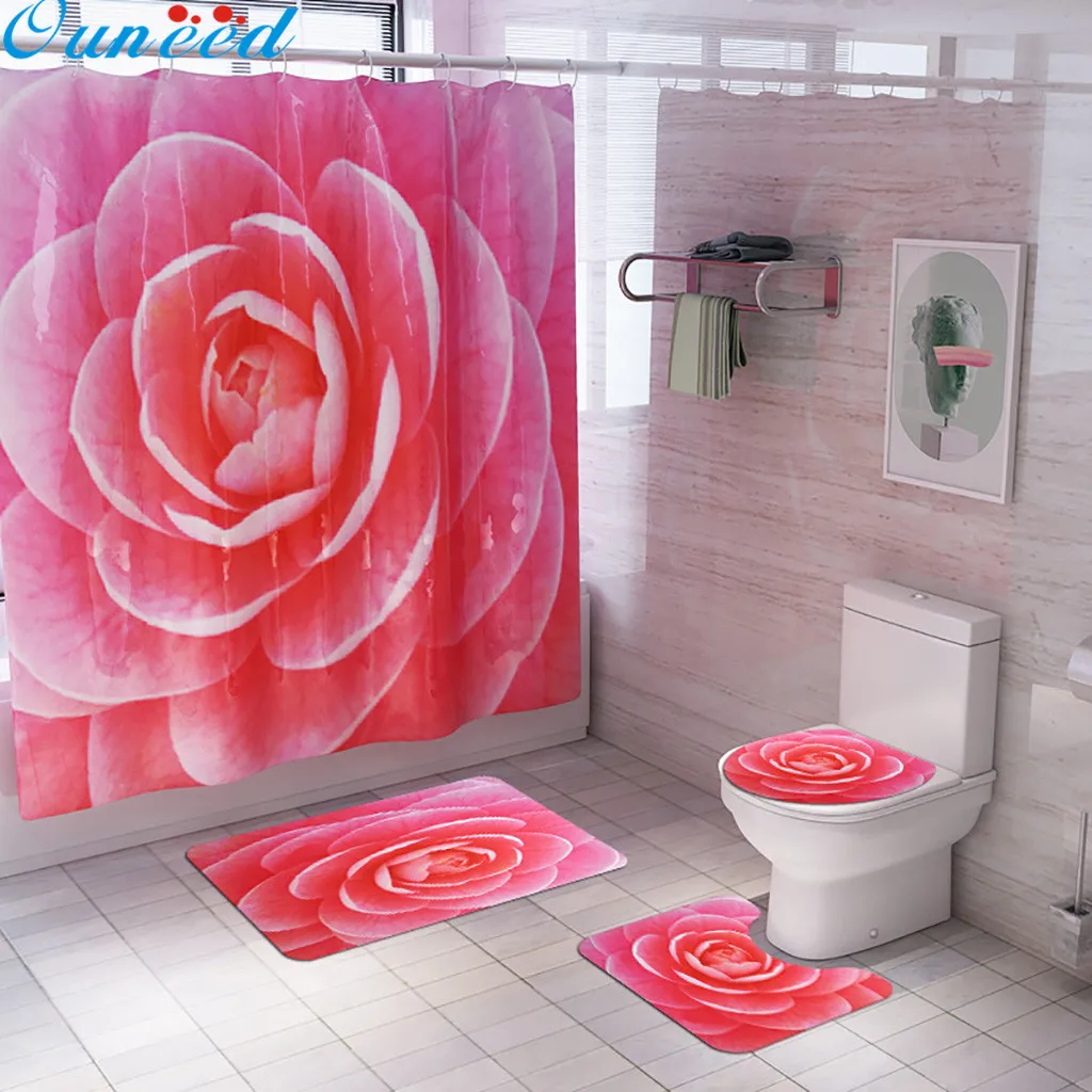 

Ouneed 4PCS set Romantic big flower Bathroom Shower Curtains set Non Slip pattern waterproof Toilet Shower curtain Cover Mat set