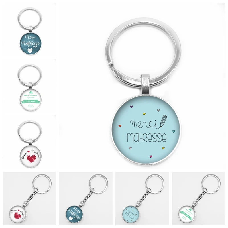 

2019 New Hot French Merci Maitresse Pattern Round Keyring Photo Glass Cabochon Charm Car Keychain Jewelry Gift