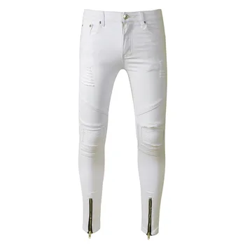 

Motocycle Jeans Men 2018 White Denim Trousers Strech Jeans Homme