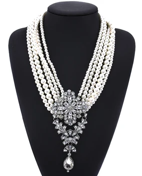 

Elegant Layered Simulated Pearl Long Necklaces Rhinestone Flower Statement Women Handmade Collar Choker New Maxi Jewelry