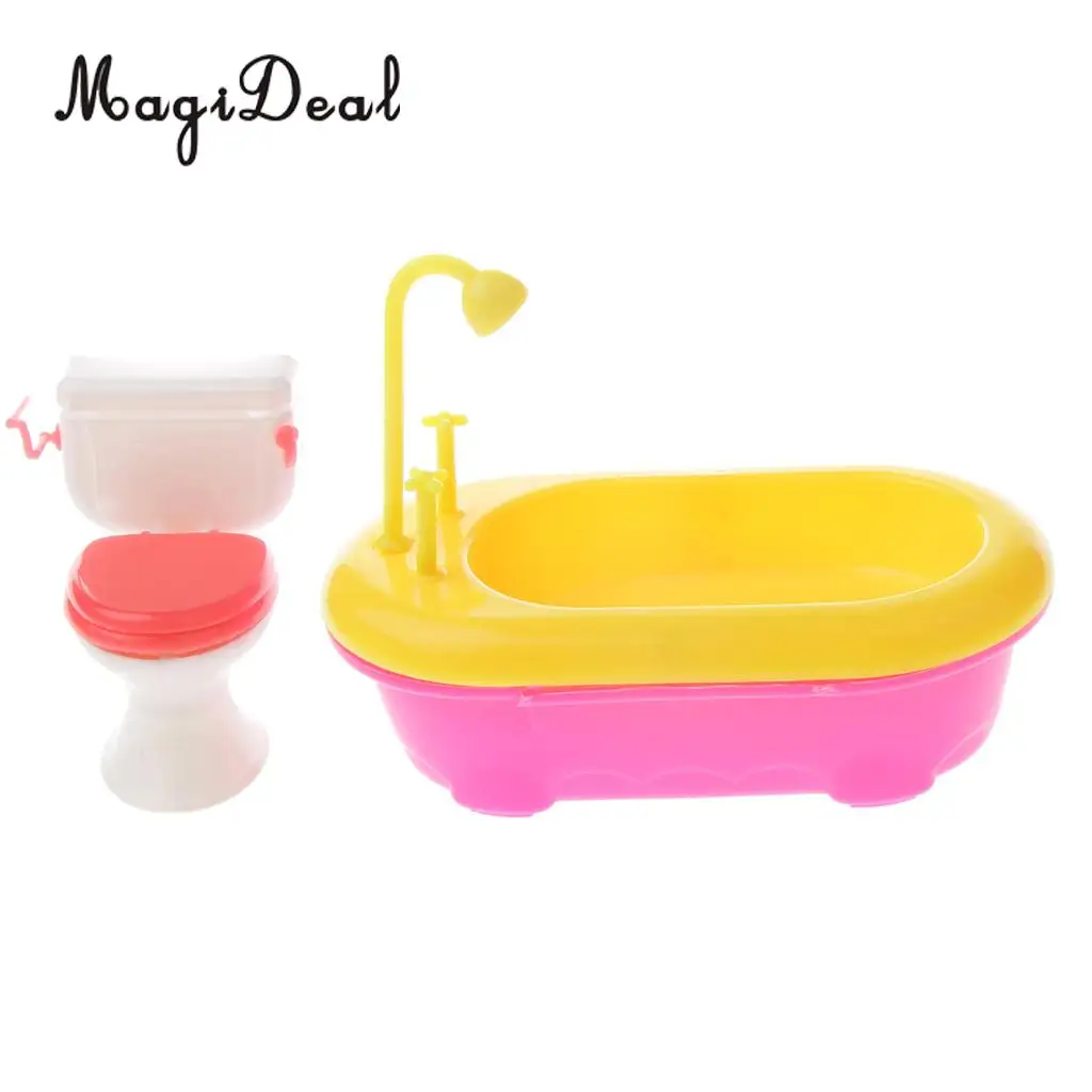 1Set 1/6 Miniature Bathtub+Toilet Model Dollhouse Miniature Bathroom Furniture for Dolls Acc Kids Children Role Playing Toys