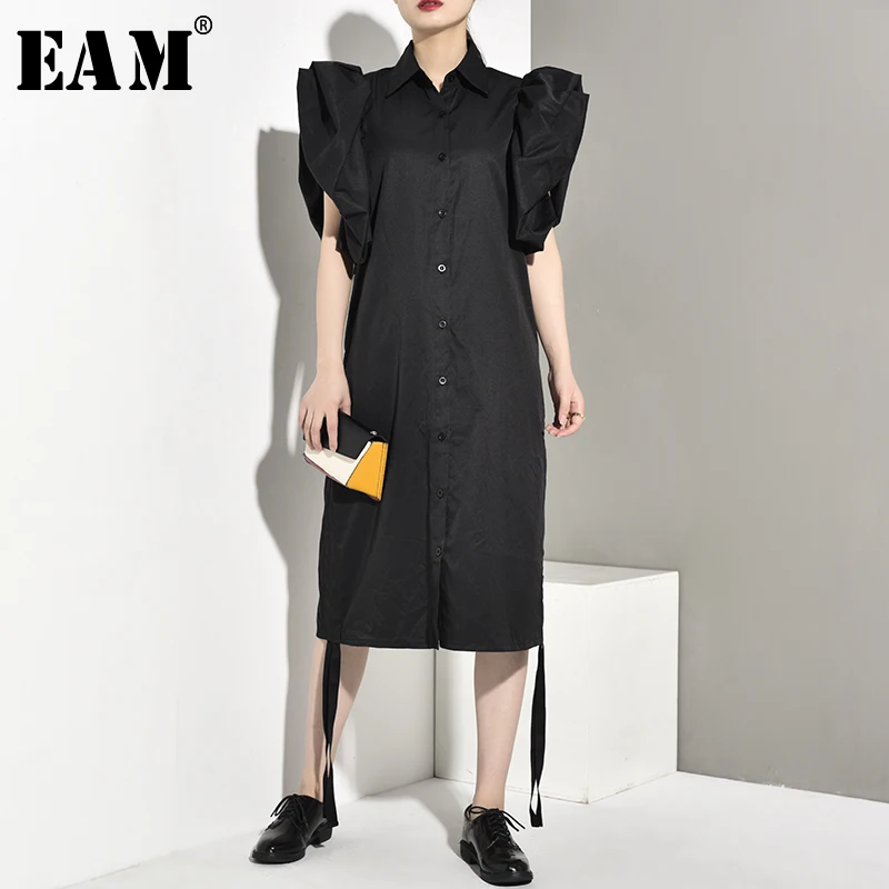 

[EAM] 2019 New Spring Autumn Lapel Sleeveless Dress Three-dimensional Ruffles Stitch Loose Dress Women Fashion Tide JW9870
