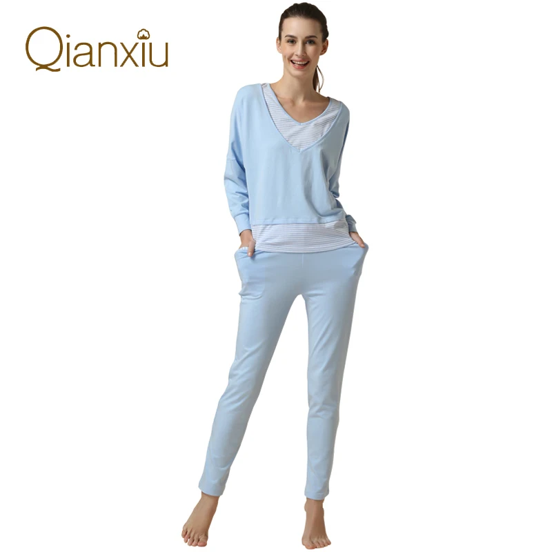 Осенняя брендовая Пижама для женщин Mo, хлопковые Пижамные комплекты для женщин, повседневная одежда для сна в полоску, костюм для женщин, футболка с рукавом «летучая мышь»+ штаны - Цвет: sky blue