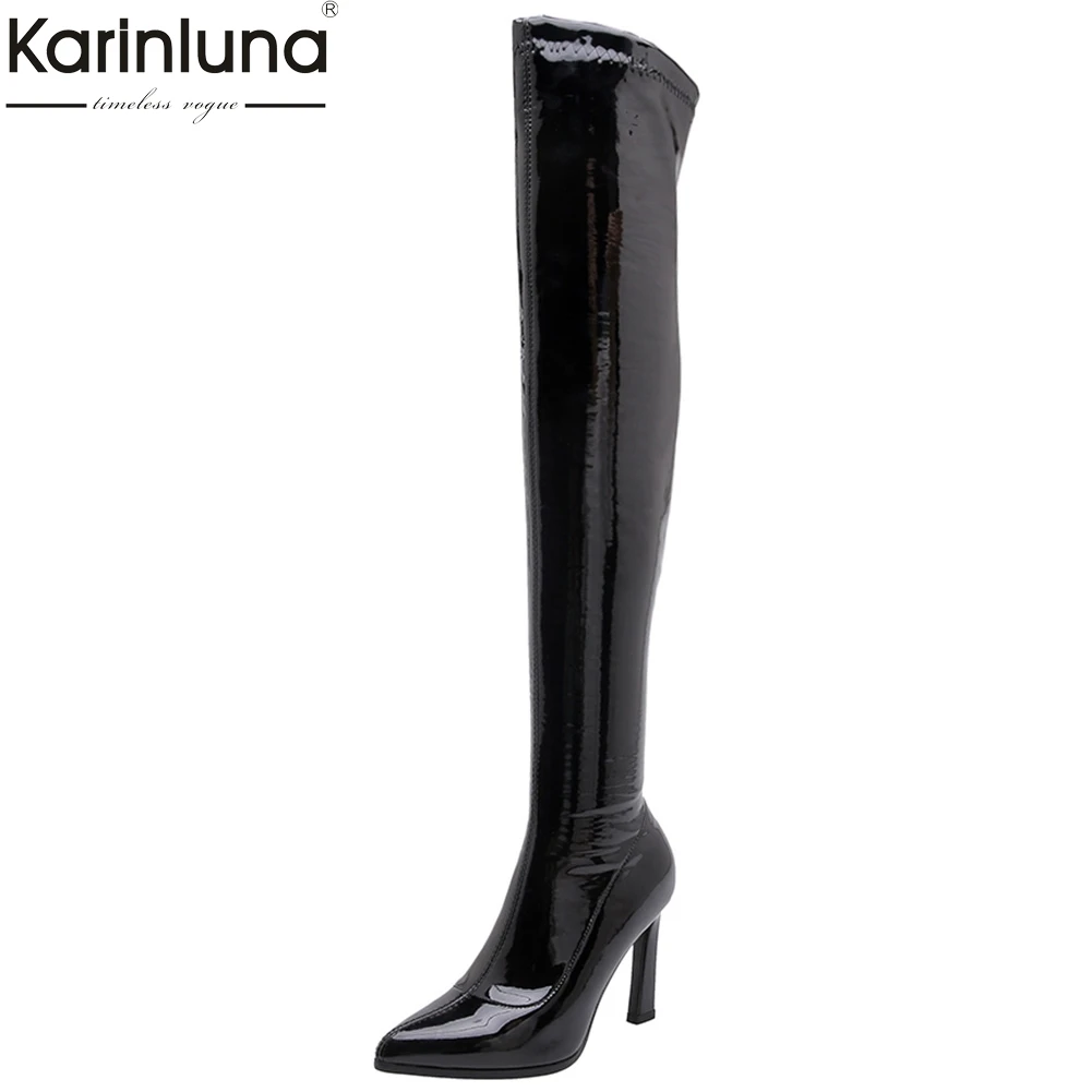 

women's Over The Knee Boots Woman Patent PU Stretch Boots High Heels Autumn Winter Women Shoes Female Long Boots Big Size 34-43