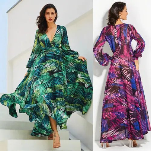 Women's Clothes Dresses Summer Boho Casual Long Maxi Dress Long Sleeve
Deep V-neck Party Beach Dress Sundress Floral