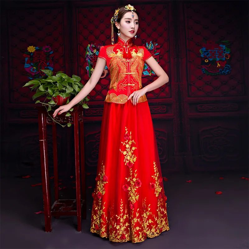 

Chinese Women Qipao Summer Satin Phoenix Embroidery Cheongsam Ancient Bride Wedding Dress Stage Show Clothing Plus Size 3XL