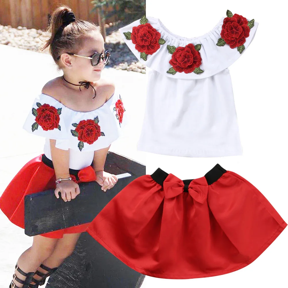 

2018 New Children Kids Girl T-Shirts Bare Shoulder Skirt Set Cute Fashion Summer Clothing