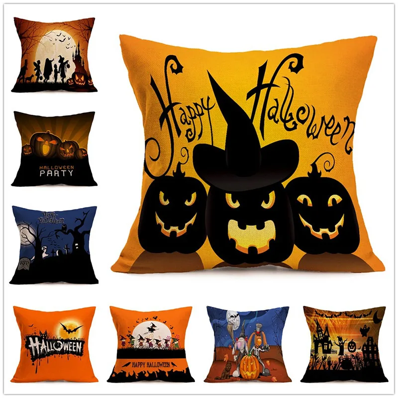 

45x45cm Happy Halloween Skull Pumpkin Pillow Case Cotton Linen Cushion Cover Office Sofa Throw Pillowcase Decorative Home Decor