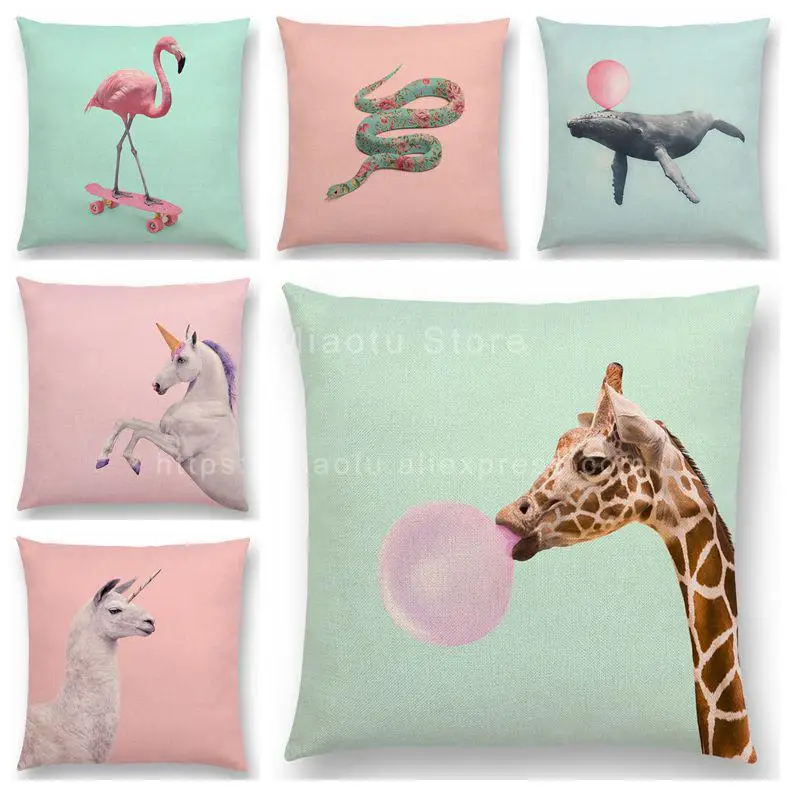 

Candy Color Background Animals 18 Inches Square Cushion Cover flamingo giraffe elephant snake whale unicorn lion pillowcase