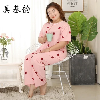 

Free Shipping New 2019 plus size Short Sleeve Sleepwear Set Women Spring Round Neck Pajama Set 100% Cotton Homewear Size XXL-5XL