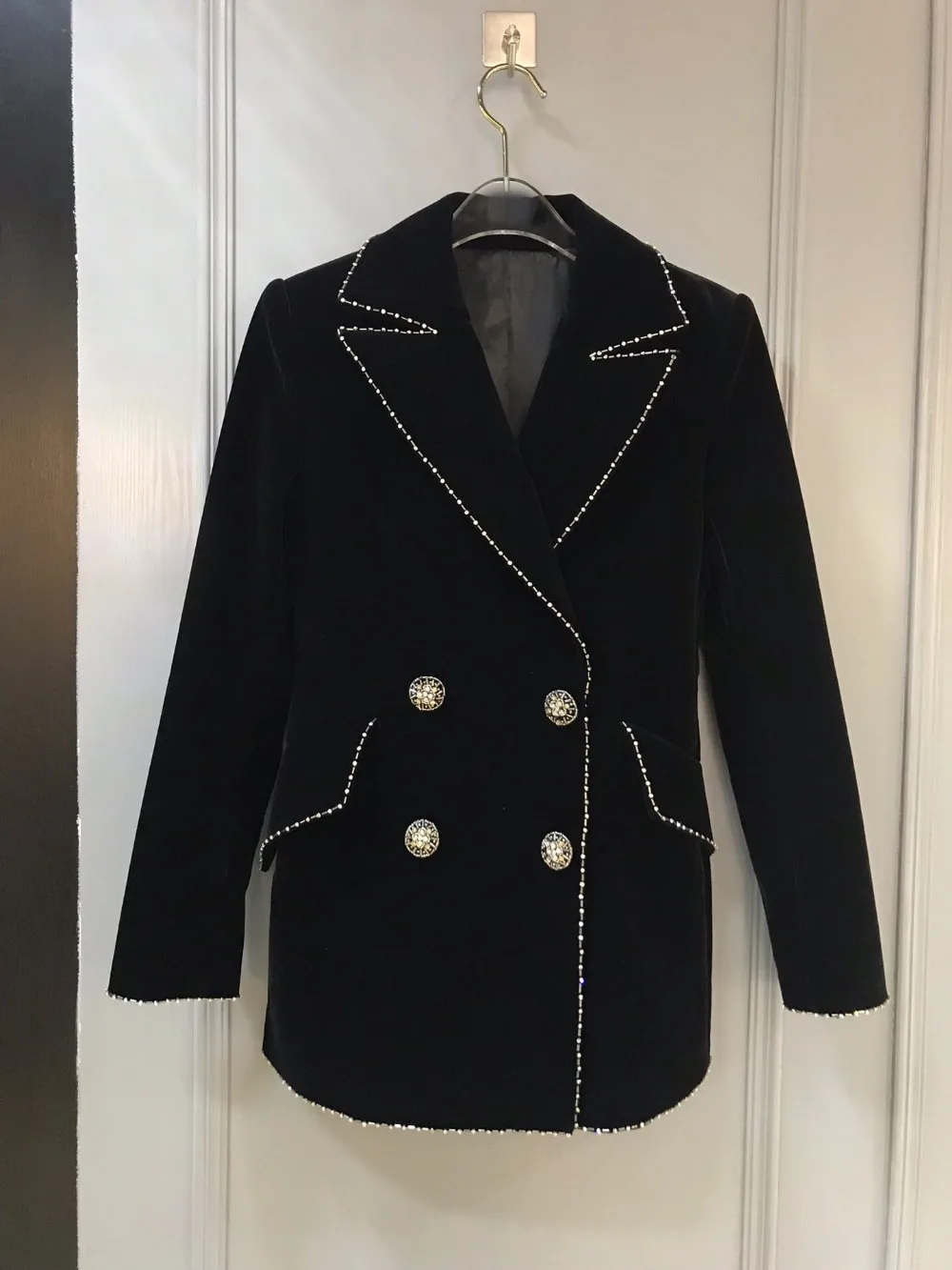 

2019 spring new women diamonds button velvet blazer coat ddxgz3