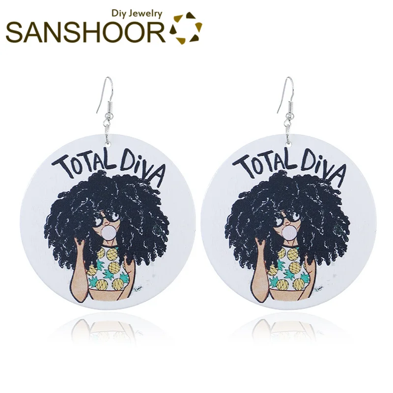 

SANSHOOR 60cm Printed Afro Wooden Drop Earrings Curl Hair Total Diva Girl African Dangler Ear Jewelry For Women Gifts 1 Pair