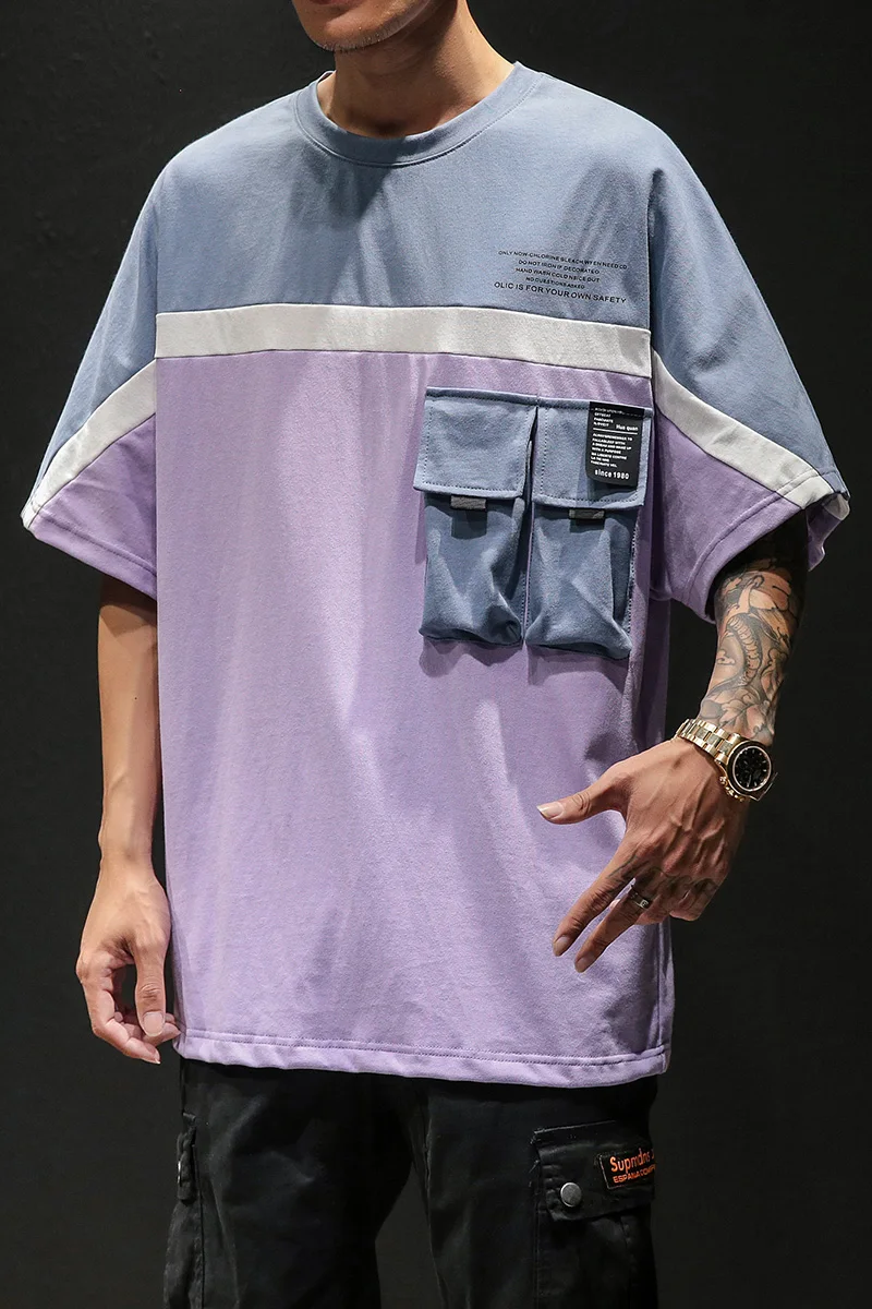 LAPPSTER, мужская Японская уличная одежда, футболка, цветов, Blcok, Harajuku, с карманами, корейские футболки, хип-хоп, больше размера, d, футболка размера плюс - Цвет: Purple
