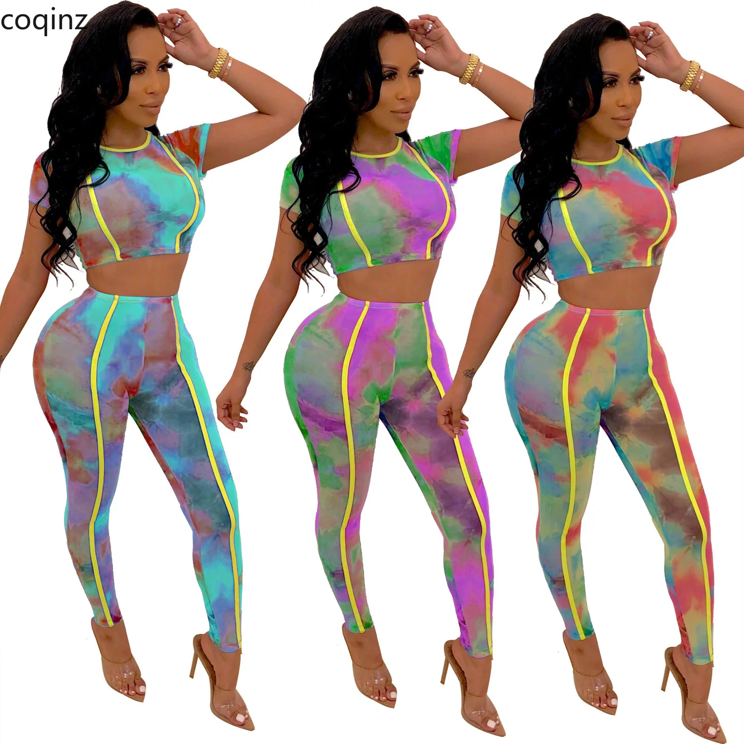 

Plus Size 2019 Two Piece Set Crop Top and Pants Matching Sets Neon Tracksuit Women 2 Piece Club Outfits Conjuntos De MujerAJ4069