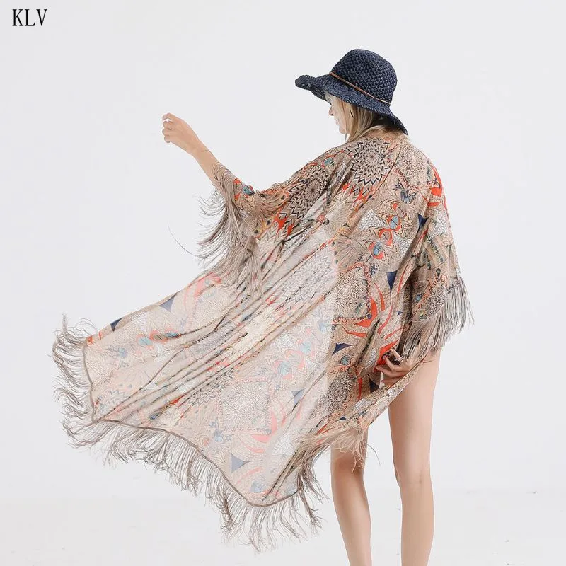 Womens Summer Half Sleeve Chiffon Cardigan Boho Retro Floral Printed Fringed Tassels Bikini Cover Up Ankle Length Kimono Cape