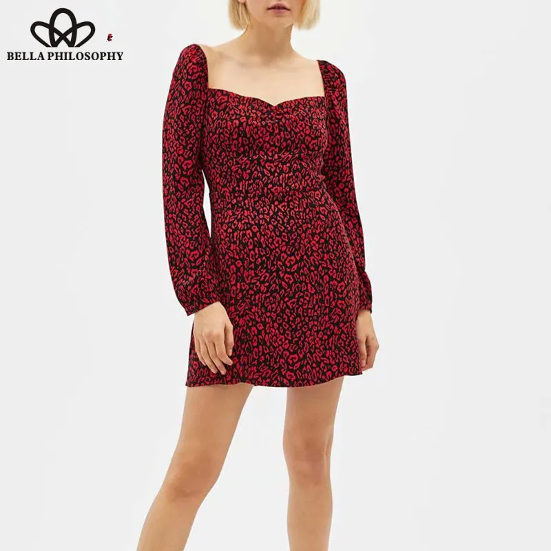 Wonder Long Sleeve Leopard Mini Dress Vintage Square Collar Female A-Line Dress Casual Animal Print Lady Zippers Dress 2019