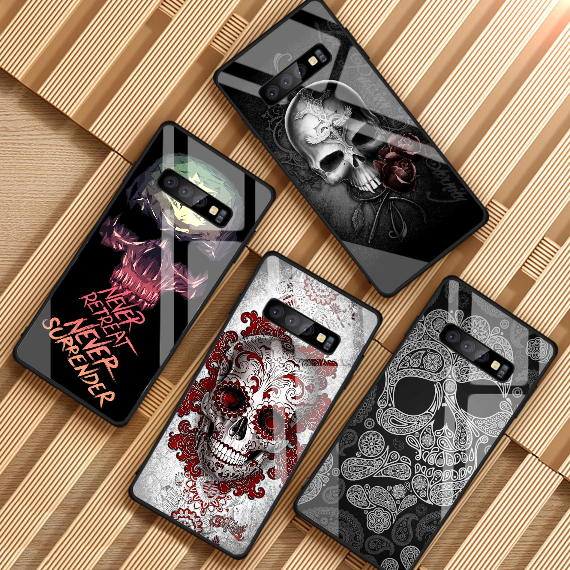 

Tempered Glass Phone Case For Samsung Galaxy A6 A6S A8 A8S J6 J8 2018 S8 S9 S10 PLUS NOTE 8 9 Retro Style Flower Skull