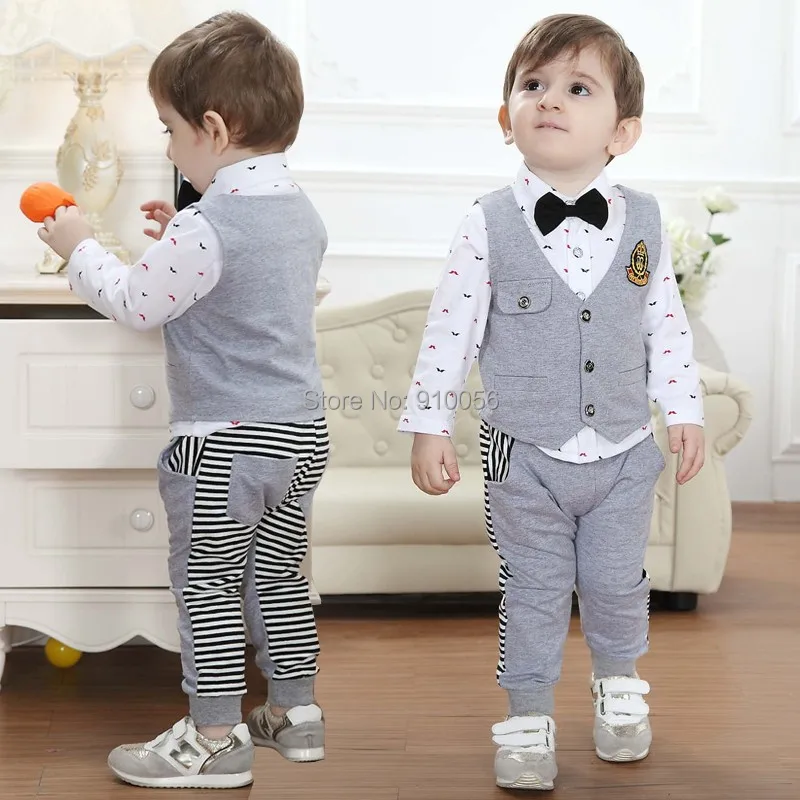 4Set Baby Boys Gentleman Clothing Suits Children Long-Sleeve Tie Printing T-Shirt Top+Pants+Vest 3Pcs Set Kid's Casual | Тематическая